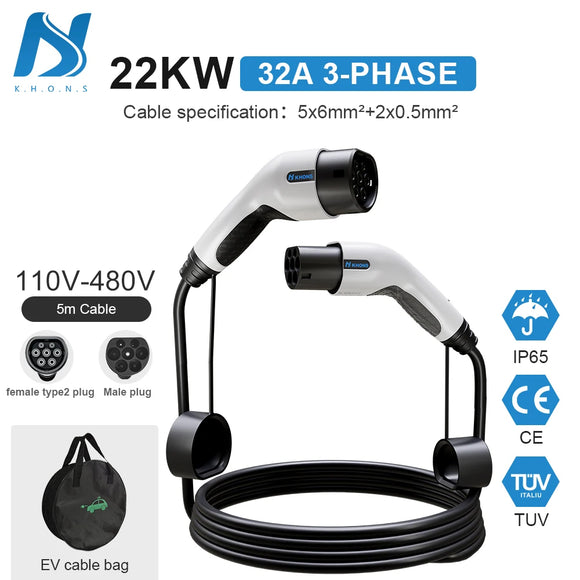 Khons EV Charging Cable Type 2, 16A, 11kW Female to Male Plug, 5m Three Phase EV Extension Cable for Car Charger Station