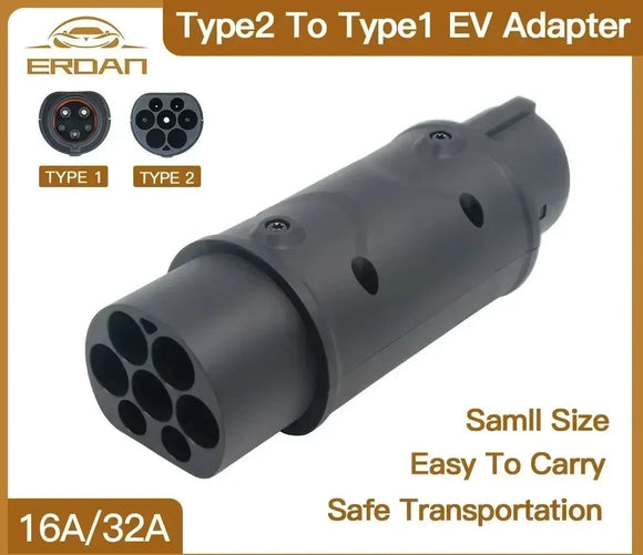 **Image Alt Text:** ERDAN 32A EV Adapter IEC 62196 Type 2 to Type 1 J1772 EVSE Charger Connector for Electric Vehicles