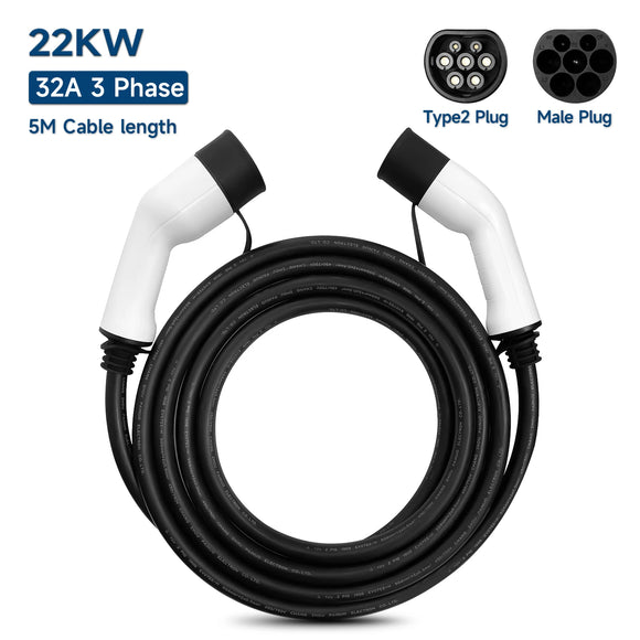 Portable EV Charging Cable – Type 2 to Type 2 IEC 62196-2 | 32A 22kW 3-Phase & 16A 3.5kW 1-Phase EVSE Kit