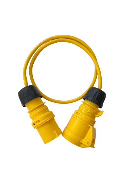A yellow 32A plug to 16A socket adapter with a black and gray arctic cable.